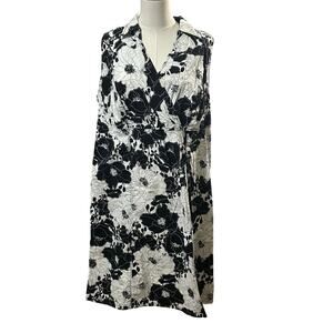 Faded Glory stretch floral black white sleeveless dress 18W business faux wrap